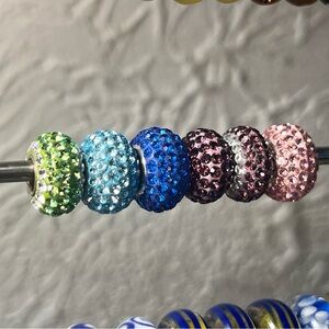 Set of Six Multiple Color Gem Covered Pandora Bracelet Charms